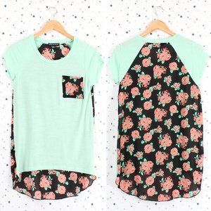 Floral Print Back Top Tee Mint Black